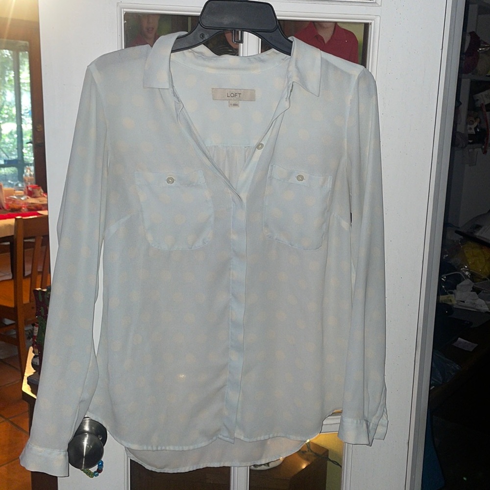 Loft, small, light blue w/white polka dots.